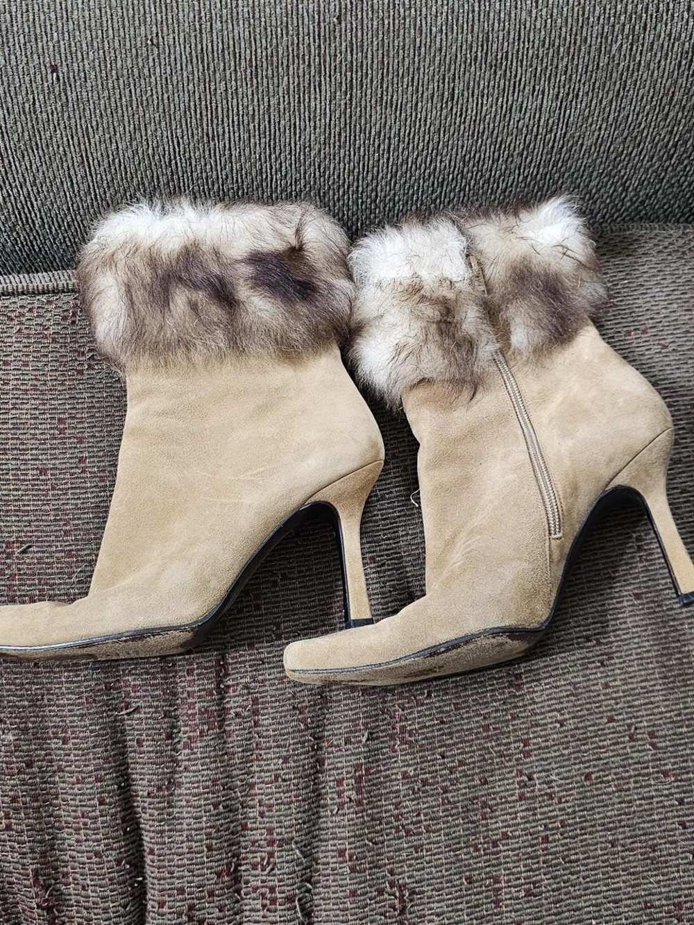 Stuart Weitzman Tan Suede High-Heel Ankle Boots with Fur Cuff 9.5